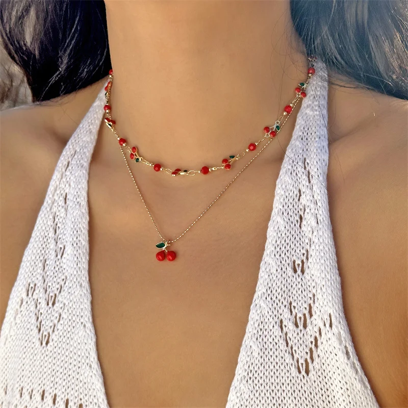 Nette Süße Rote Kirsche Kette Armband Halskette Für Frauen Vintage Gold Farbe Blume Obst Schlüsselbein Fußkettchen Hochzeit Schmuck – Detail 22