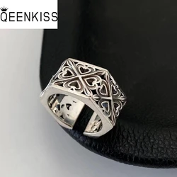 QEENKISS 925 Sterling Silver Heart Ring for Men Vintage Adjustable Ring Fine Jewelry Wedding Party Groom Father Boy Gift RG6953