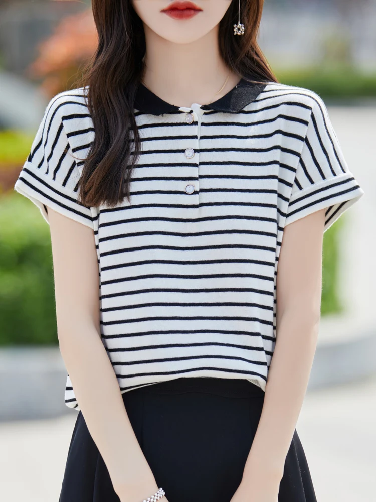 

Summer New Loose Knitted Cotton T-irt ort Sve Baby Doll Collar oulder Strap Top Pure Cotton round Ne Vest for Women