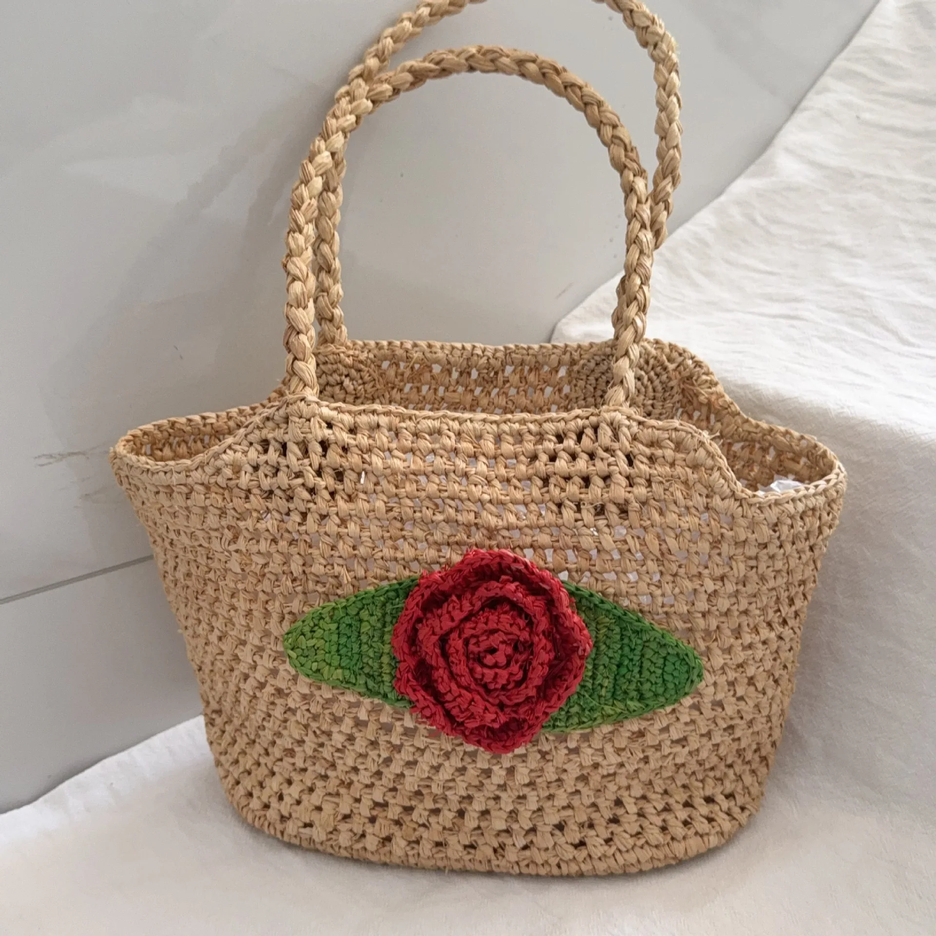 

Summer Rose Straw Bags for Women Tote Hollow Raffia Beach Bag Handmade Travel Shoulder Bag Vacation Shipping Purses and Handbags