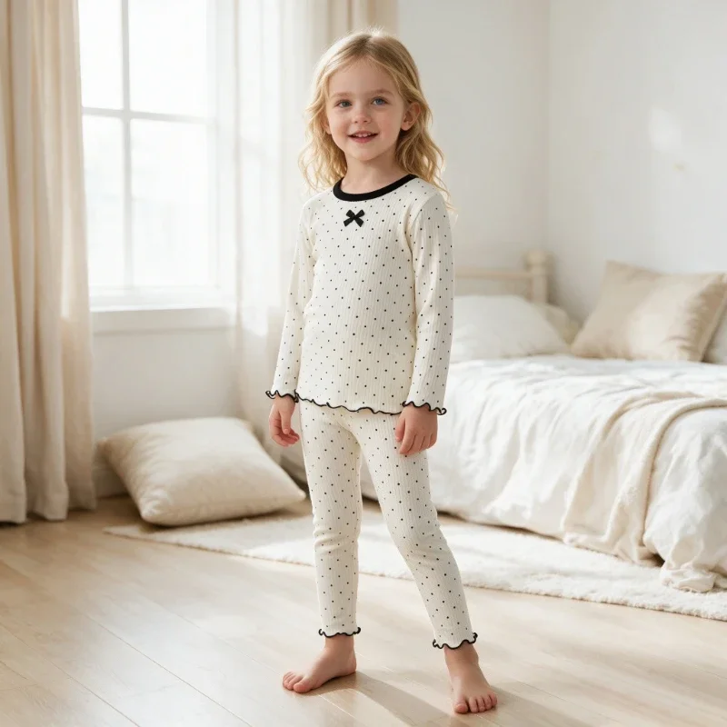 Mädchen Herbst Neuheit Koreanischer Stil Gepunktetes Schleifen-Loungewear-Set Frühling Herbst Baby Mädchen Pyjama Zweiteiliges Set – Detail 2