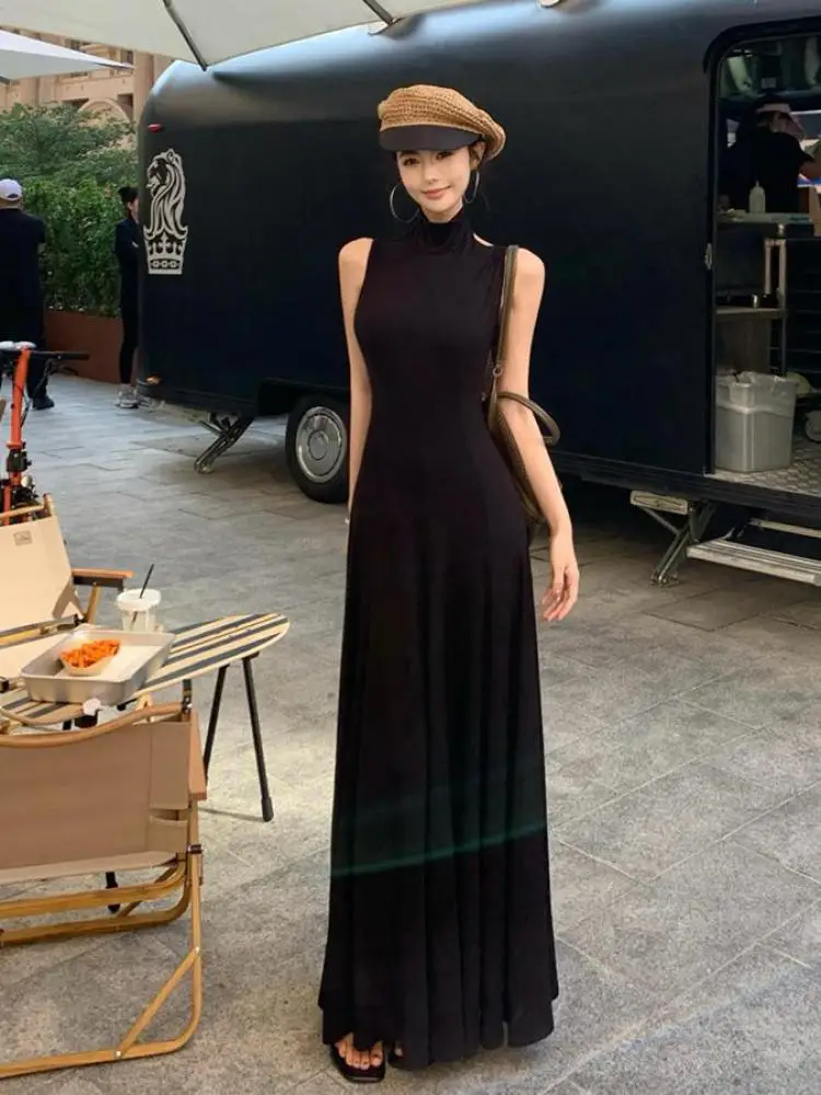 

Korean 2025 New Women's Black High Collar Sleeveless Off Shoulder Vest Dress Summer Purple Pleated Long Dress Casual Robe Trendy