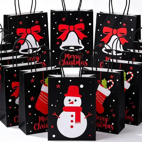 10-1 Peças Sacola de Papel Kraft Temática de Natal, Sacola de Mão com Estampa de Árvore de Natal, Papai Noel e Bolas de Natal, Preta
