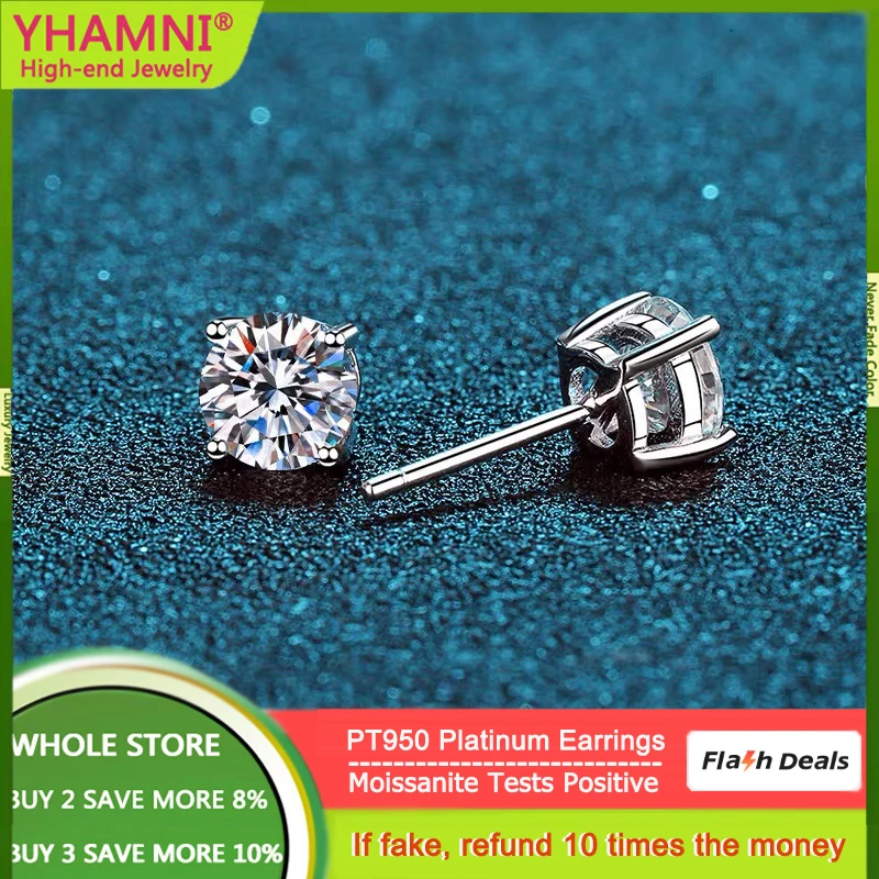 

YHAMNI Test Passed Certified GRA Moissanite D Color Total 0.5ct 1ct 2ct PT950 Platinum Stud Earrings for Woman Wedding Jewelry