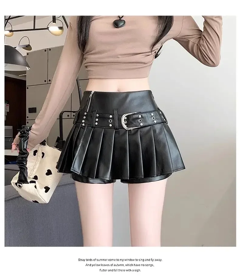 Schwarzer Retro PU-Lederrock für Damen Herbst Neu Hochgeschnittener A-Linien Plisseerock – Detail 4