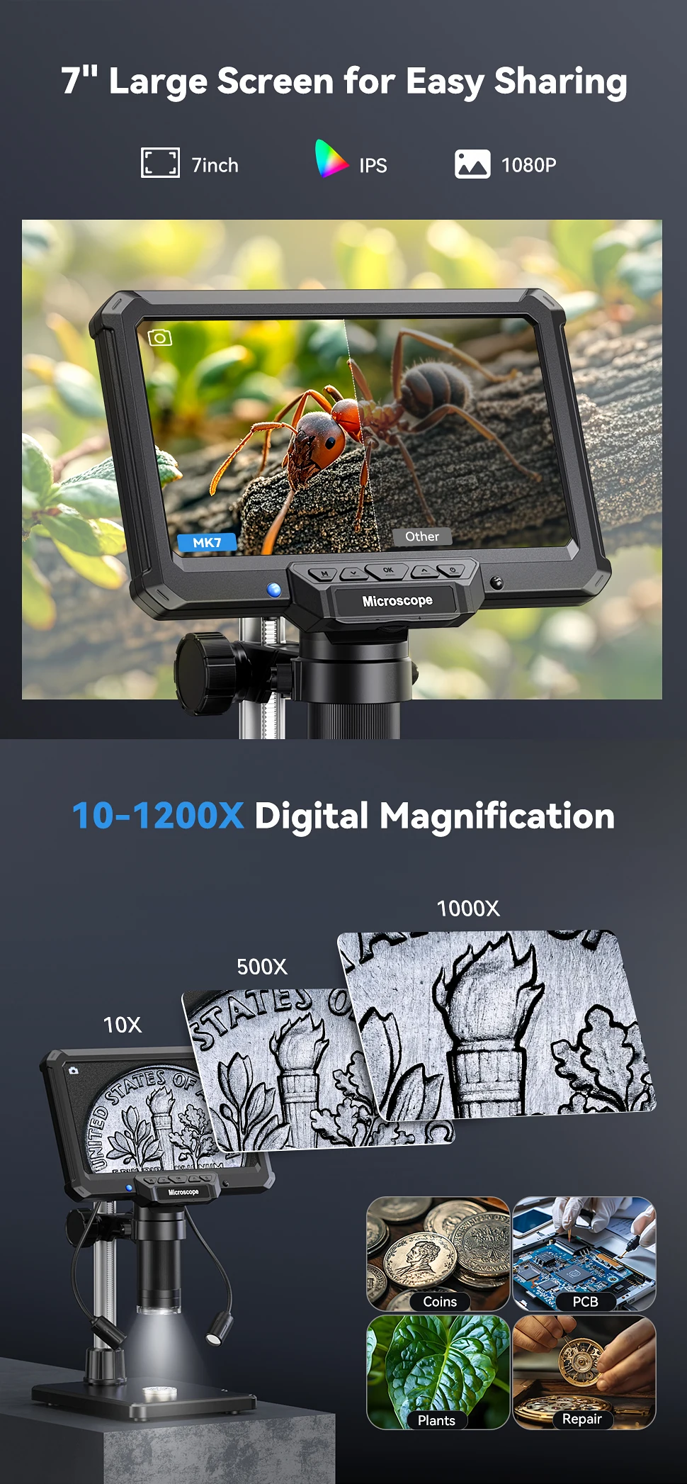 Hayve 7" IPS Digitalmikroskop 1200X Vergrößerung 16MP USB Professionelle Elektronenmikroskopien für Telefonlöten Reparaturwerkzeug – Detail 2