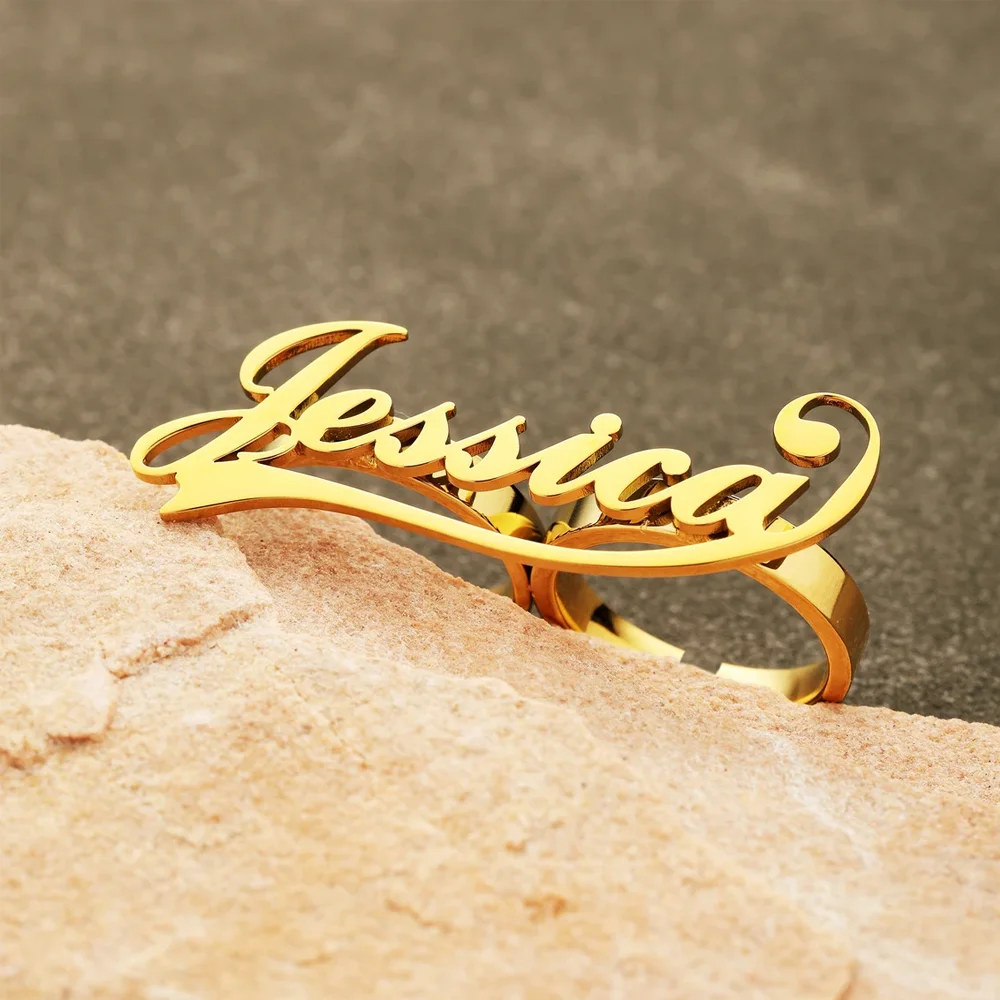 Haiyufly Custom Two Fingers Name Ring for Women Personalized Stainless Steel Jewelry Adjustable Men Nameplate Ring Birthday Gift