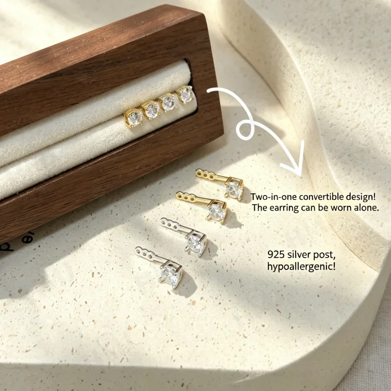 925 Sterling Silber Ohrstecker, zweifach tragbar, runder Schliff, hängend, für Damen, eleganter Hochzeits- und Feinschmuck, Geburtstagsgeschenke, Charms – Detail 3
