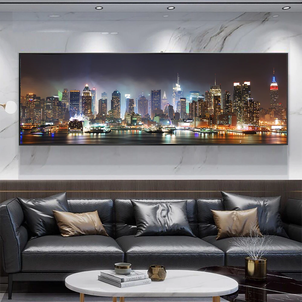 New York City Night Skyline Panorama Landscape Poster and Print Painting Modern Skyscraper Colorful Canvas Wall art Picture