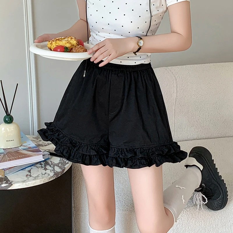 Séoulish taille haute coton blanc femmes volants Shorts 2025 nouvel été solide décontracté ample jambe large pantalons courts femme