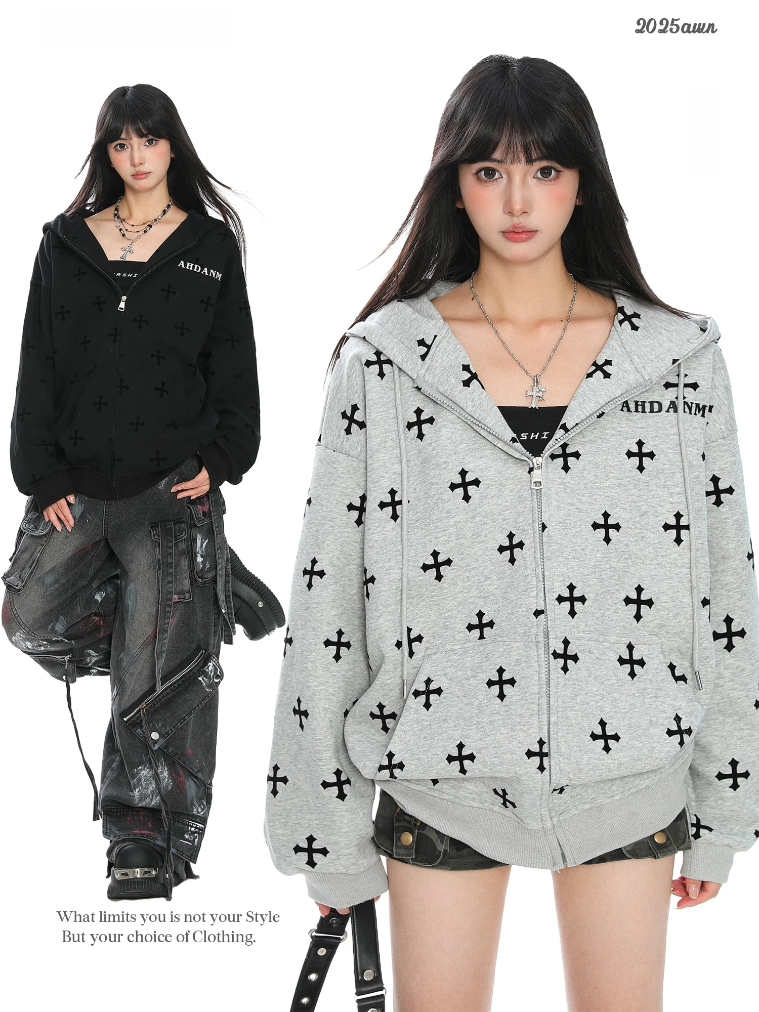 

American Sle Cross Printed Hoodie Jaet Women's Autumn Winter Lazy Couple Open Cardigan Top Trendy Streetwear Casual