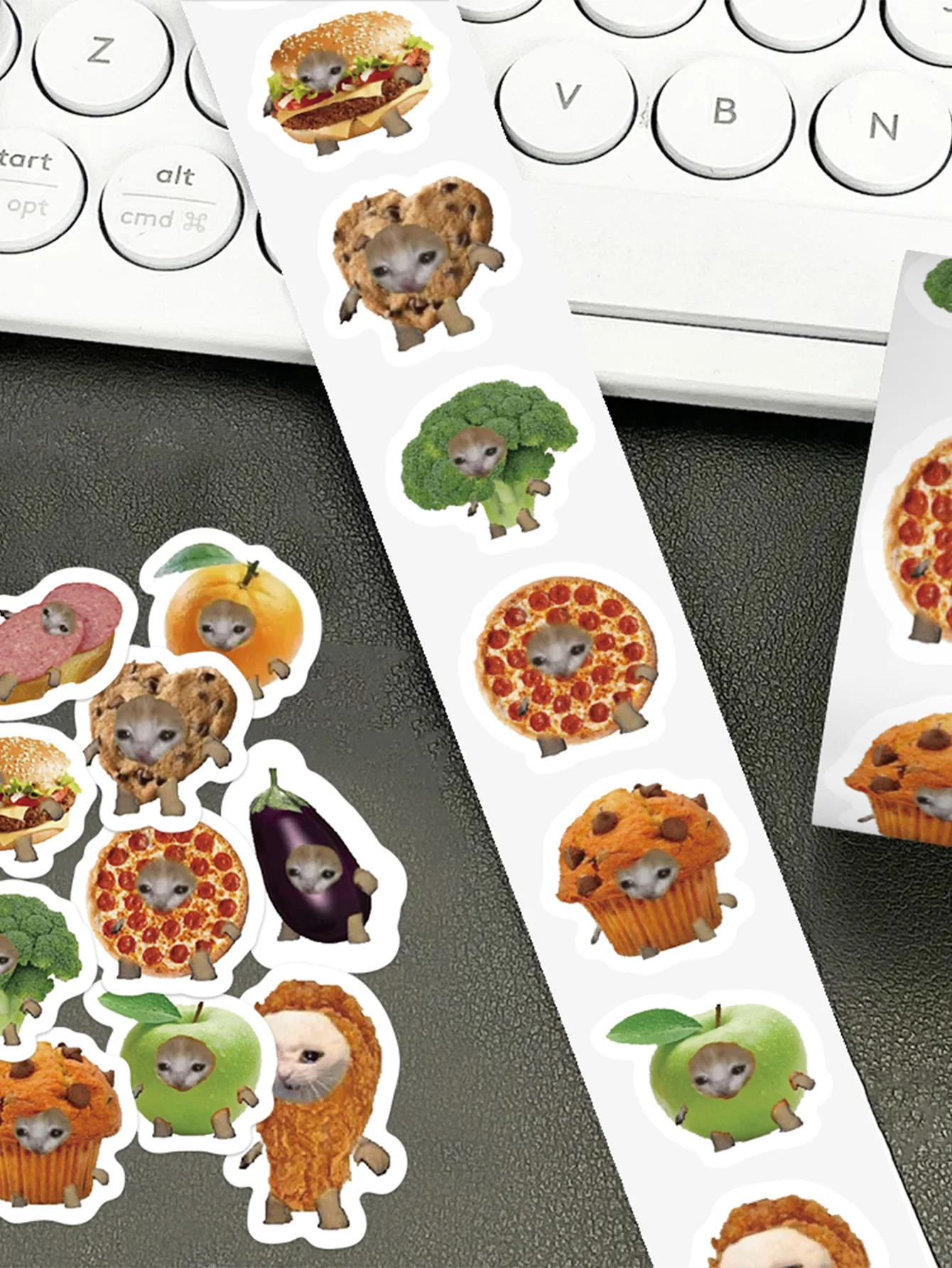 500개/롤 음식 고양이 머리 롤업 스티커 재미있고 장난스러운 낙서 스티커 DIY 노트북 스크랩북 헬멧 장식 스티커