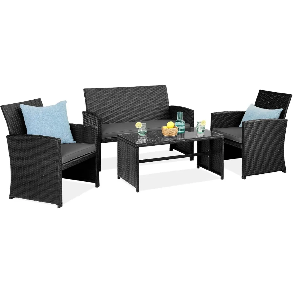 4-Piece Outdoor Wicker Patio Conversation Furniture Set for Backyard w/Coffee Table, Seat Cushions - Black/Gray