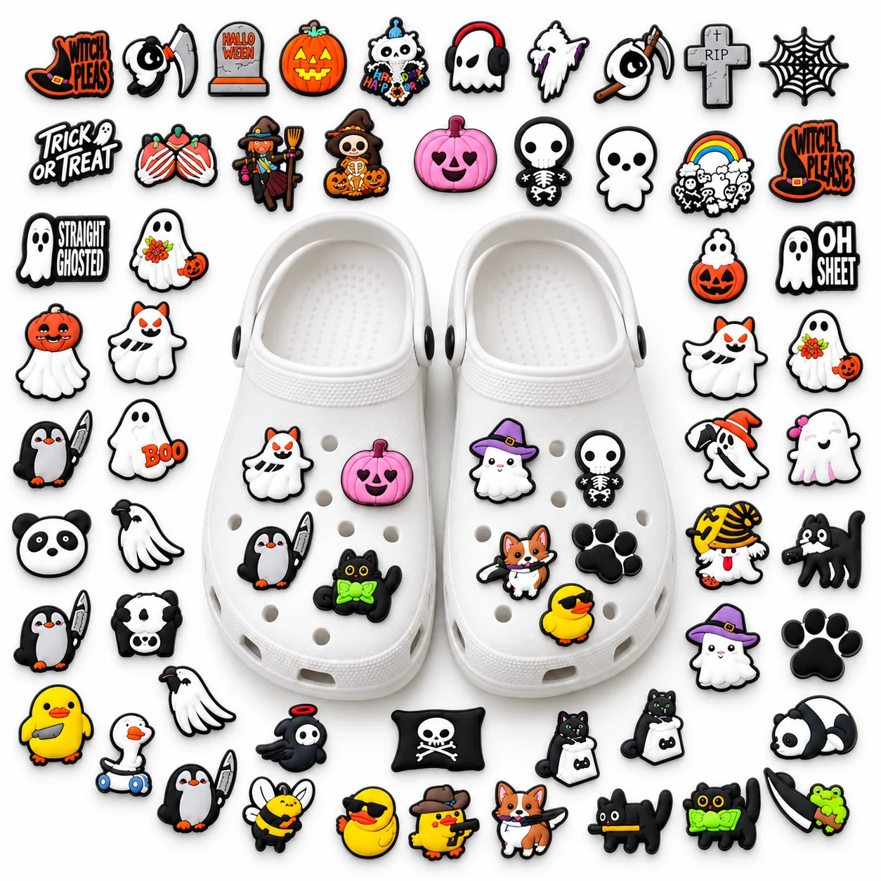 50pcs Halloween Shoe Charms Set Ghost Pumpkin PVC Pins for Clogs Spooky Party Accessories Gift for Kids Girls Teens Women