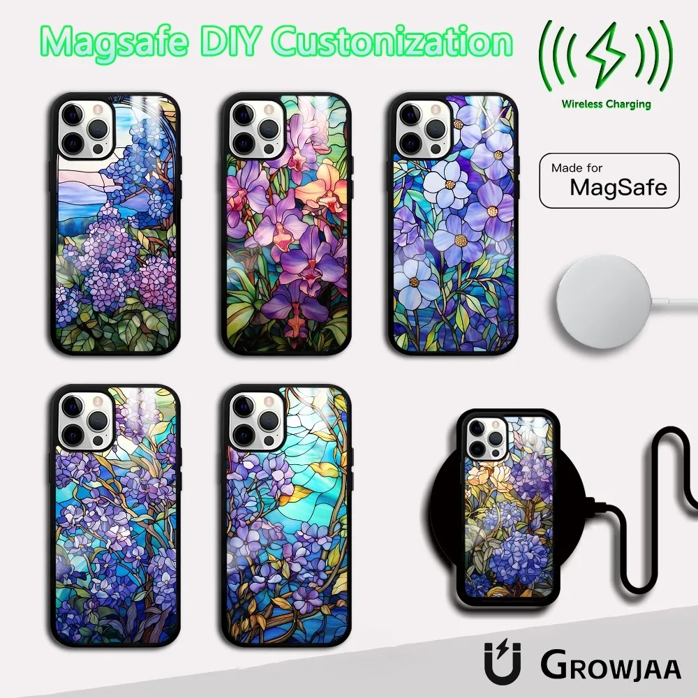 Stained Glass Purple Flowers Phone Case For iPhone 16 15 14 13 12 11 Pro Max Plus Mini Magsafe Mirror Wireless Magnetic Cover