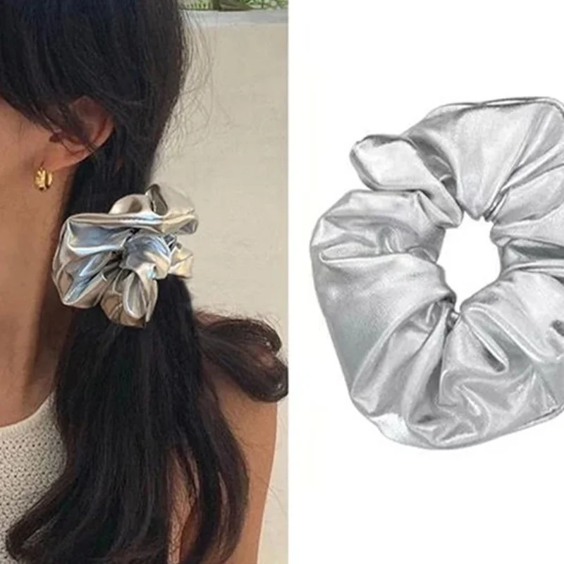 Y2k Scrunchies Metall Silber Farbe Mittelgroße Haargummi Süßes einfaches elastisches Haarband Damen Haarschmuck Tägliche Kopfbedeckung