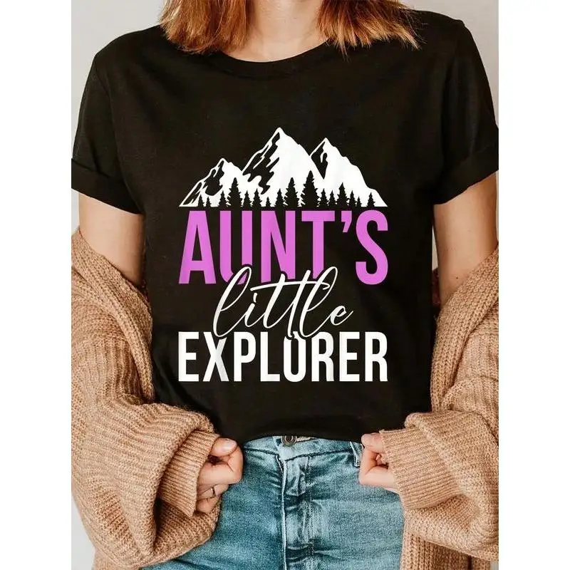 

Women's Aunt's Little Explorer T-shirt Funny Auntie Graphic Tee Mountain Adventure Slogan Top