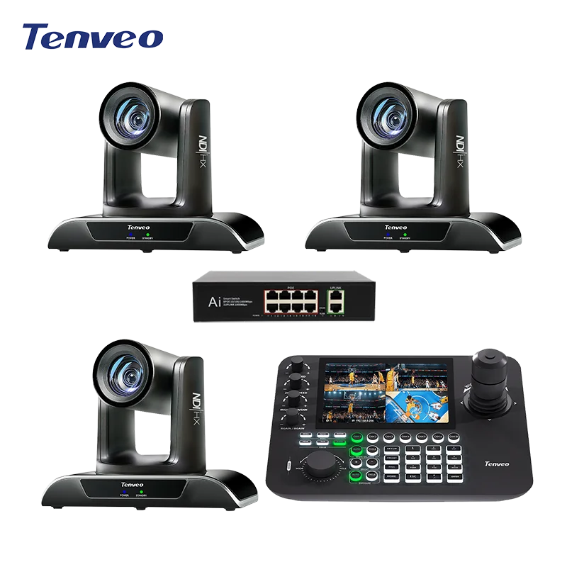 Tenveo 3 NDI PTZ Camears 1080P 20X Optical with 1Joystick Keyboard Controller 7 Inch 4-Split-LCD 4D Joystick PoE-Powered Group