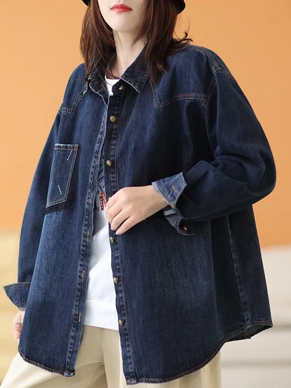 

Spring 2026 Trendy Gradient Distressed Denim Shirt Casual Long Sleeve Collar Jacket Women's Warmth Thickened Outerwear