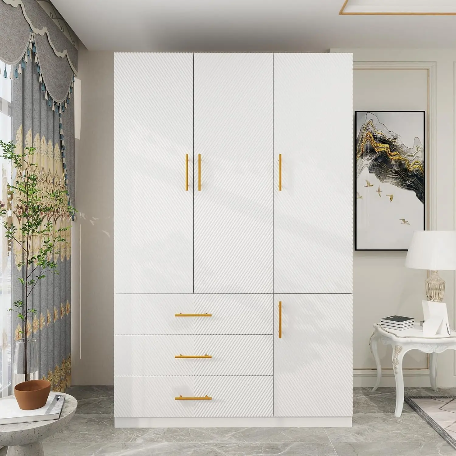 

Tall Armoire Wardrobe Closet: 3 Door 3 Drawers White Bedroom Armoires Wood Wardrobe Cabinet Freestanding Large Wardrobe Closet w