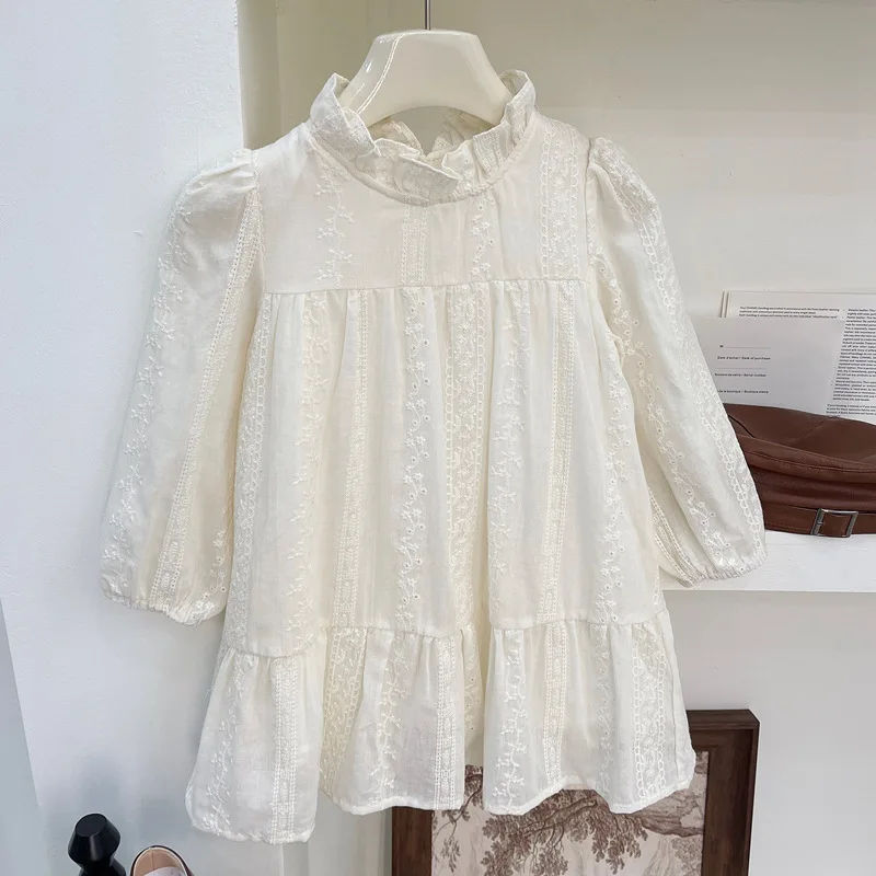 Girls' Spring and Autumn New Lace Embroidered Ruffled Collar Puff Sleeve Princess Dress