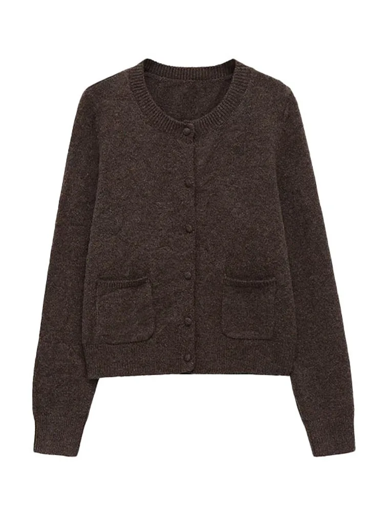 

HH Woman 2026 Spring Fashion Crew Neck Single Breasted Knitted Coat Female Elegant Pocket Decorated Long Sleeve Cardigan Sweater