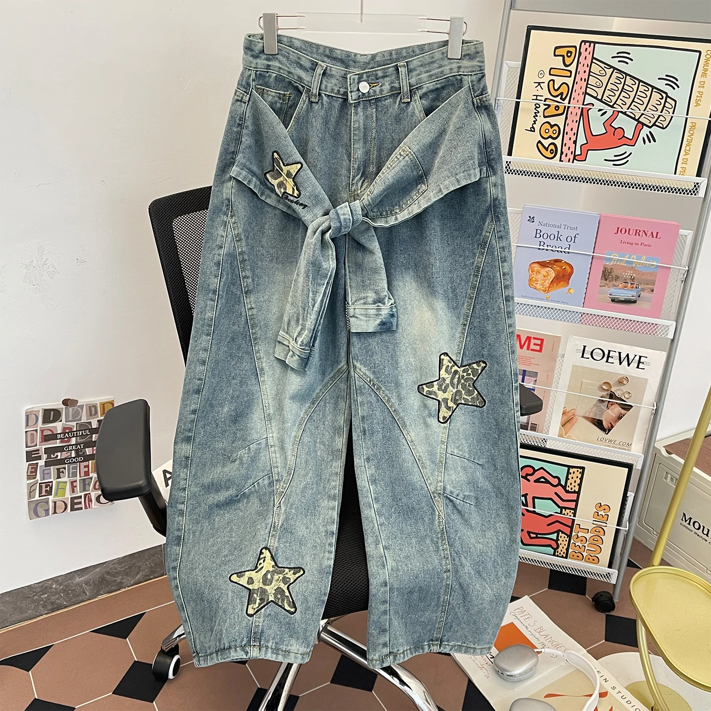

American Hiphop Sle Embroidered Leopard Print Star Knife Wide Leg Straight Cut Loose Fit Jeans for Men Casual Youth Jeans