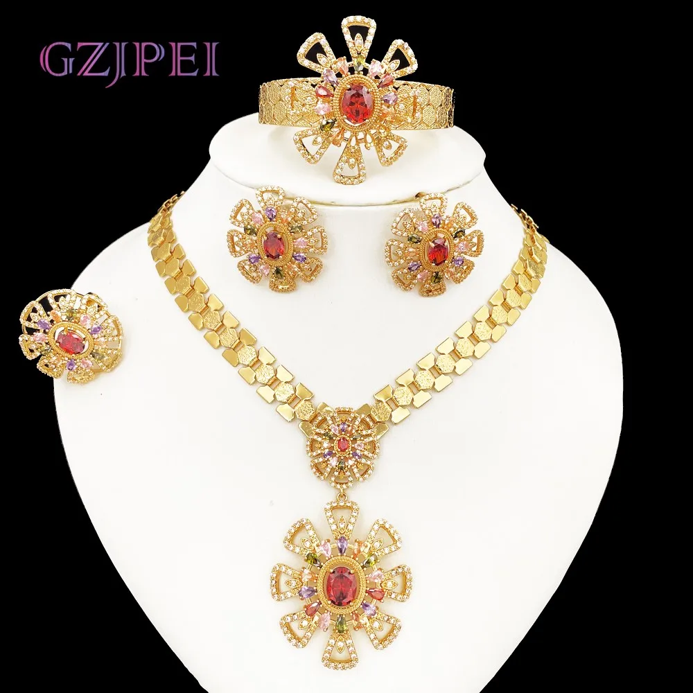 

GZJPEI Elegant Women Jewelry Set Oval Red Zircon Pendant Necklace Design Flower Bracelet Earring Ring For Bridal Wedding Gifts
