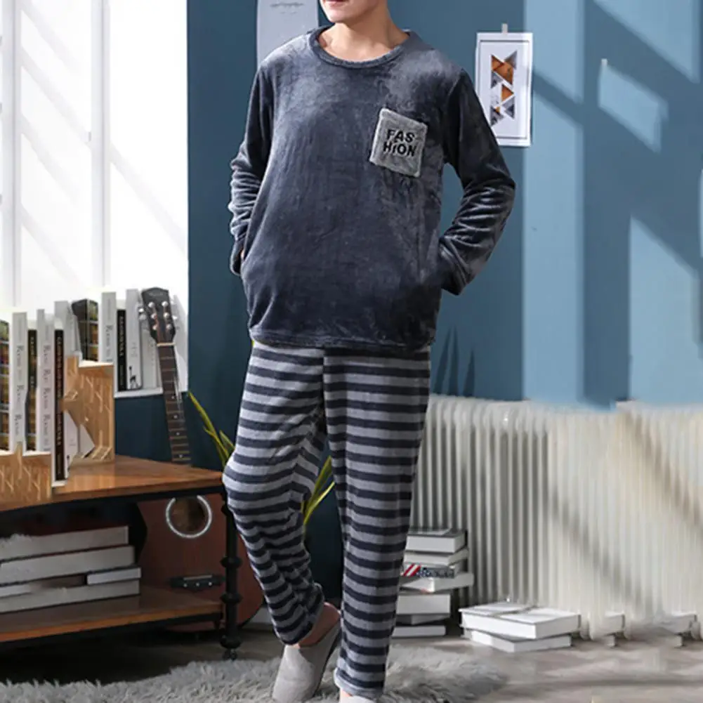 Comfortable Sleepwear Set Men's Winter Pajamas Set with Round Neck Long Sleeve Elastic Waist Soft Pockets Cozy Homewear for Cold