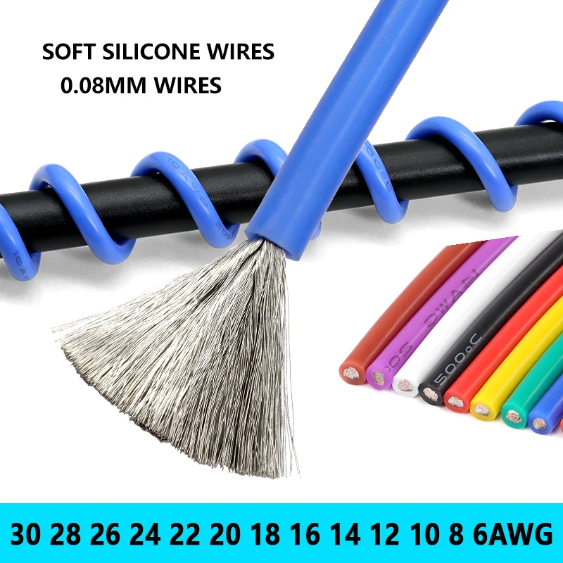 1/2/5m Soft Silicone Cable Car Battery Automotive Wiring 30 28 26 24 22 20 18 16 14 12 10 8 6AWG Heat-resistant Electrical Wire