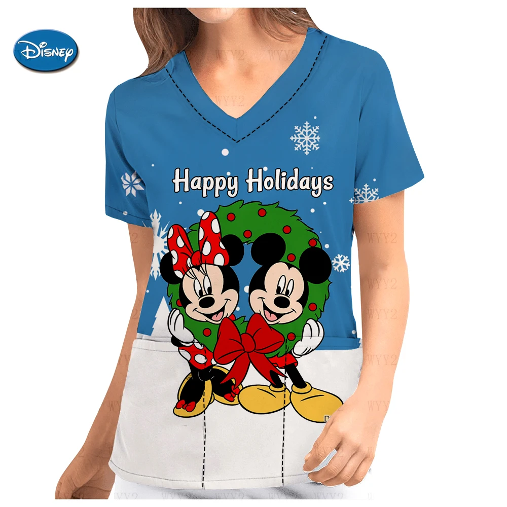 Sommer Damen V-Ausschnitt Scrub Kurzarm Krankenschwesteruniform Weihnachten Disney Mickey Minnie Print Doctor bequeme Arbeitskleidung