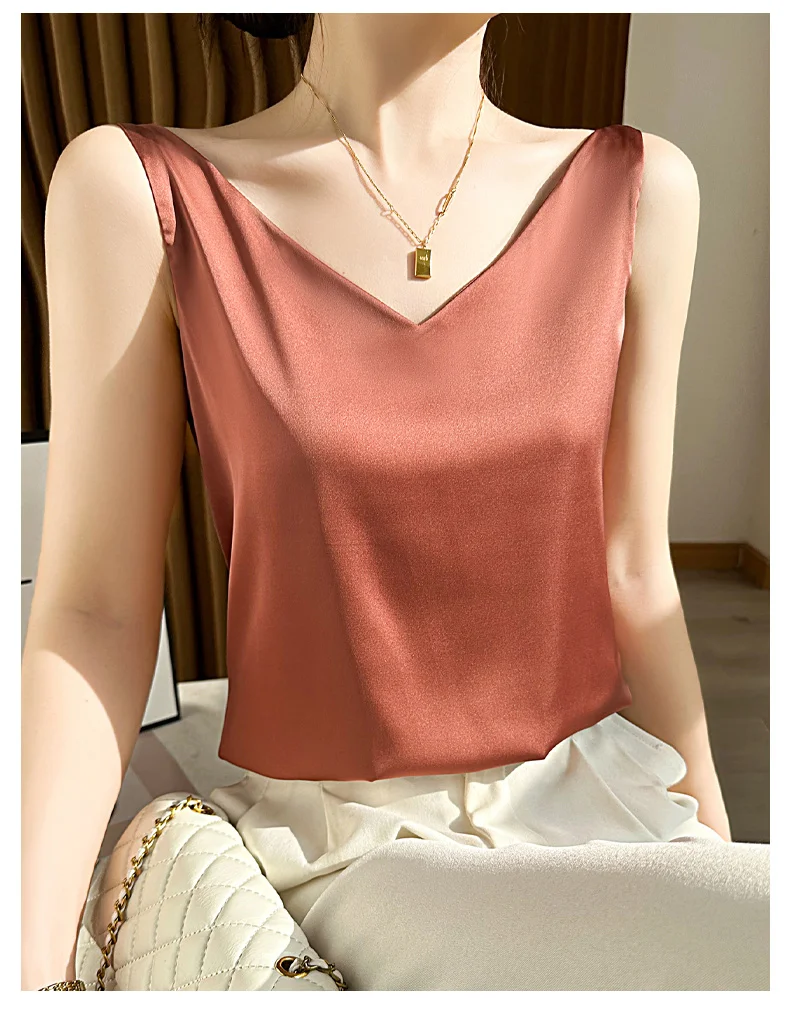 Seidensatin-Damen-Tanktop mit doppelter Schulterpartie, V-Ausschnitt, ärmelloses Top, T-Shirt, elegantes Crop-Top, solide, lässig, Basic, 2025, Sommer – Detail 17