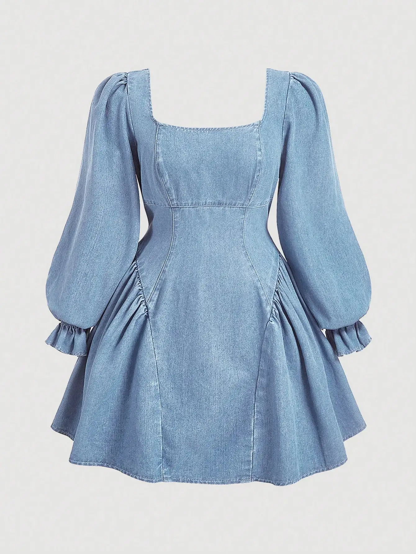 

Denim Mini Dress With Puff Sleeve Square Neck And Belt