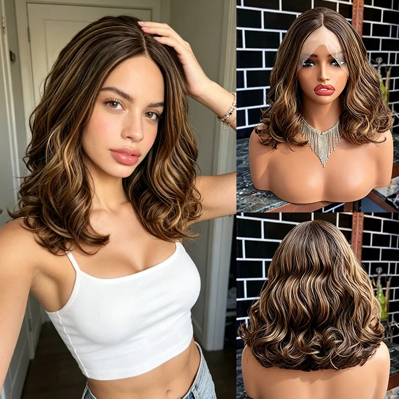 Blonde highlights Caramel Brown Synthetic Wig Bouncy Waves Natural Black Roots Hair-loss Alopecia Wig Glueless Bob Lace Wigs