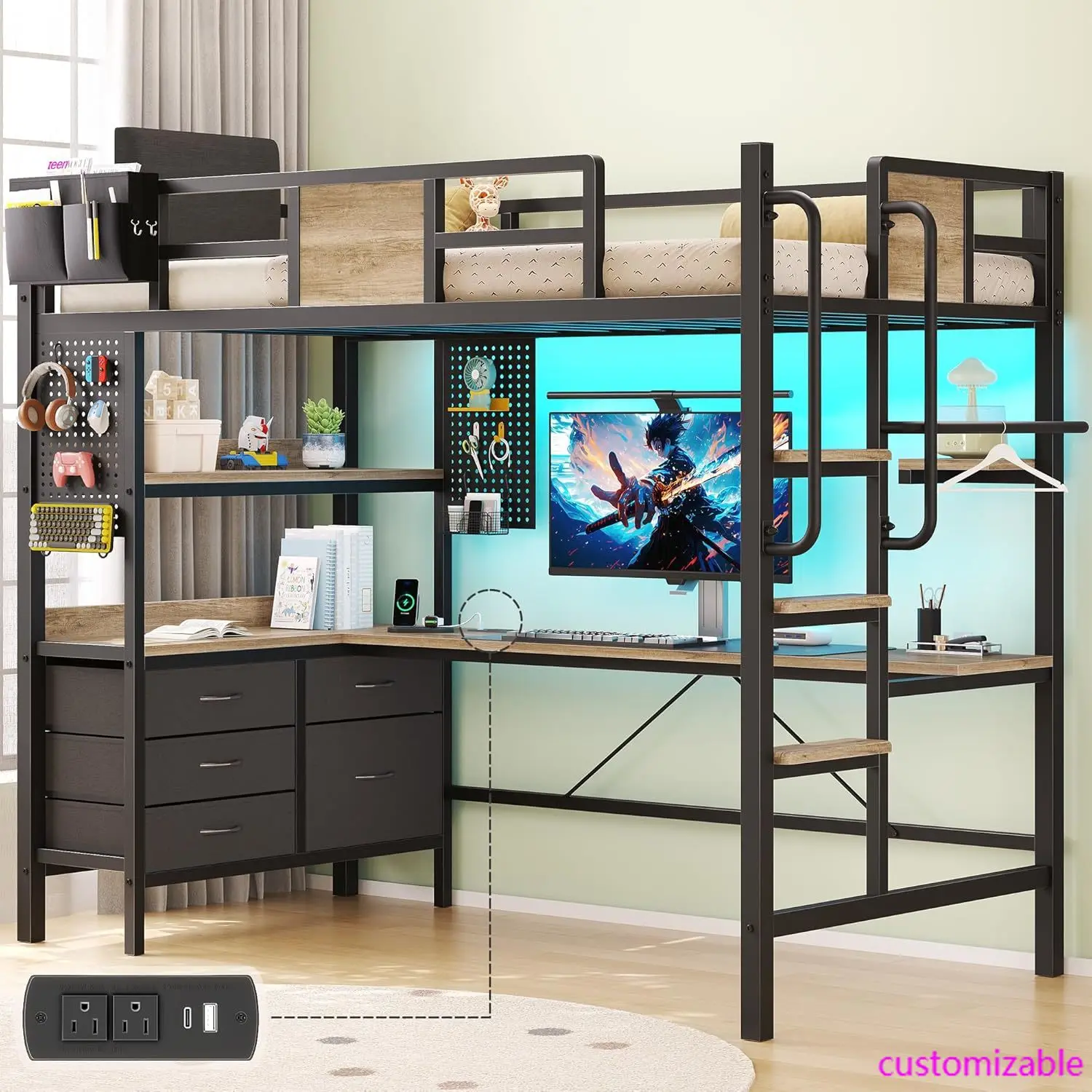 Loft Bed Twin Size,Loft Bed with Desk & RGB LED Lights and Charging Station