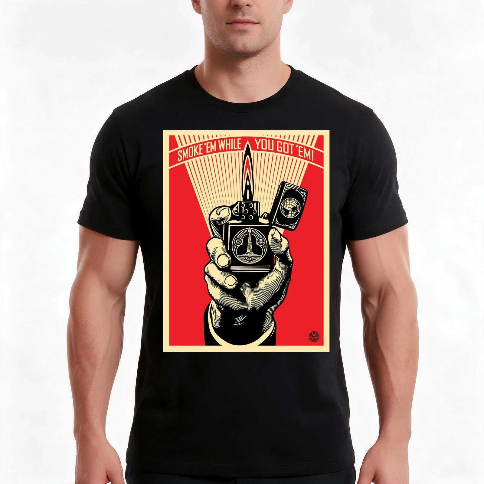 Shepard Fairey Smoke Em While You Ve Got Poster T-Shirt, Summer Casual Cotton Tee, Oversized Streetwear Tops, Unisex Men Women