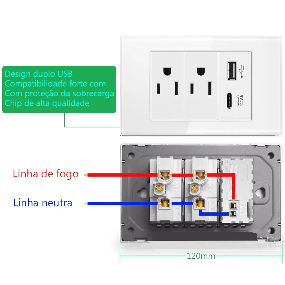 Electric Power Wall Socket Double/ Triple 2/3 Pole Glass Panel Outlets Plate US Modular Mounted Dual USB Type C Charger Adapter