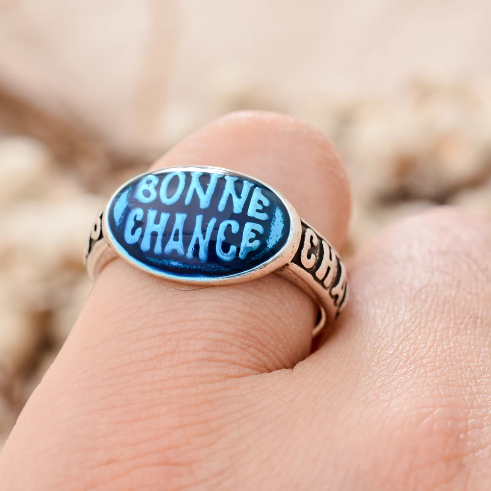 Hot Sell Elegant Colored Drop Glaze Bonne Chance Letter Thai Silver Female Party Ring Jewelry For Women New Year Gifts