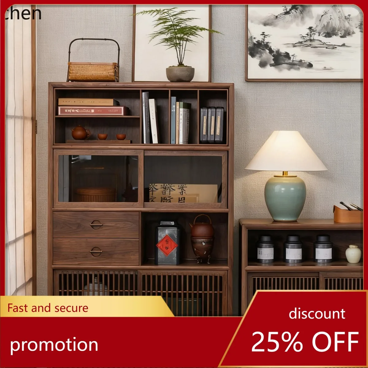 

CZ Black Walnut Solid Wood Song Dynasty Aesthetic Curio Cabinet Display Cabinet Multi-Treasure Tea Cabinet