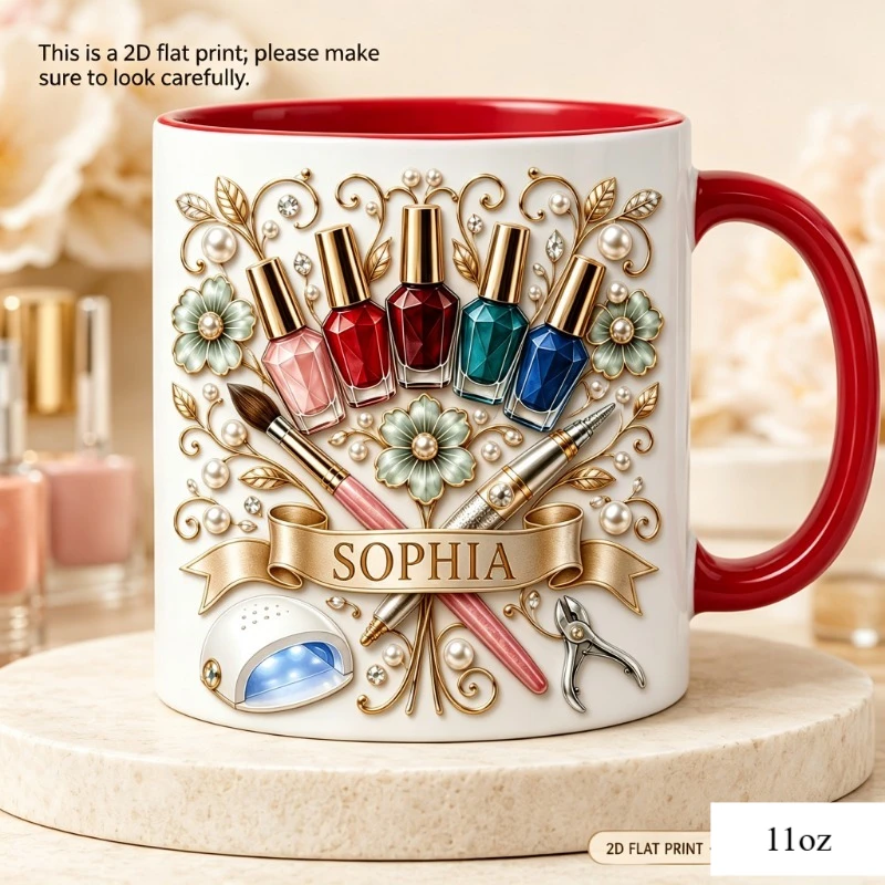 Custom 2D Print Nail Artist Mug Custom Name Ceramic Coffee Cup 11oz Personalized Name Text Rhinestone Effect Flower Print Microw