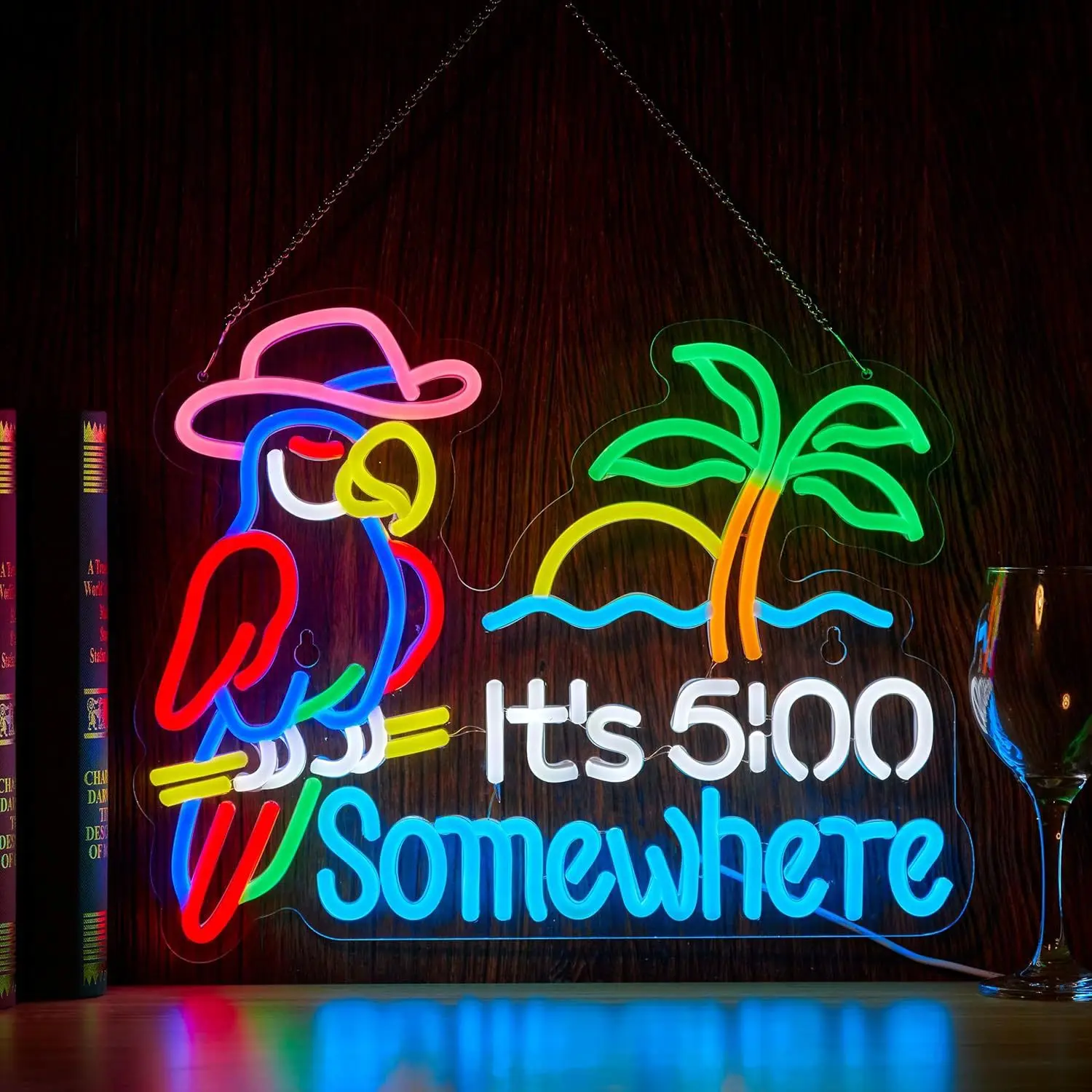 

Illuminated sign - Parrot Neon Bar Sign - Dimmable '5 O'Clock Somewhere' LED Light for Man Cave/Beer/Wall, Pub Advertising Sign