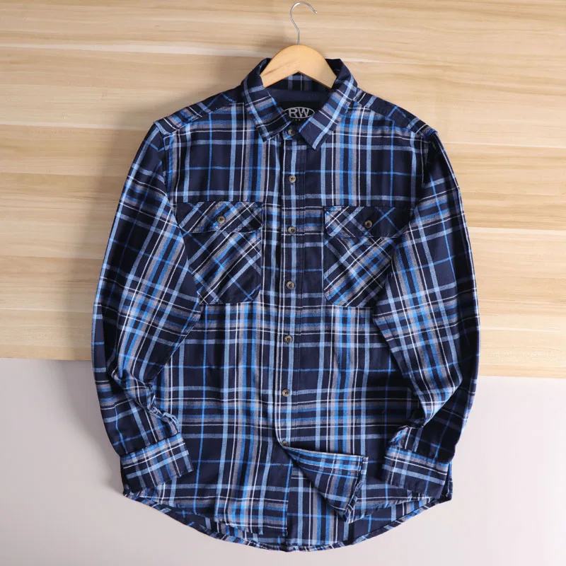 American European Style Design Spring Autumn Men's Brushed Washed Flannel Retro Casual Plaid Shirt Vintage Check Workwear Coats