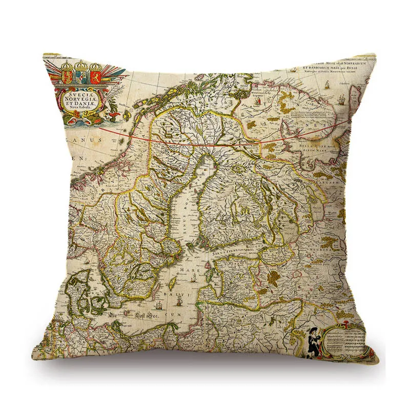 Classic Antique Earth Map Greek Myth Zodiac Art Home Decoration Sofa Pillow Case Royal European Style Linen Chair Cushion Cover