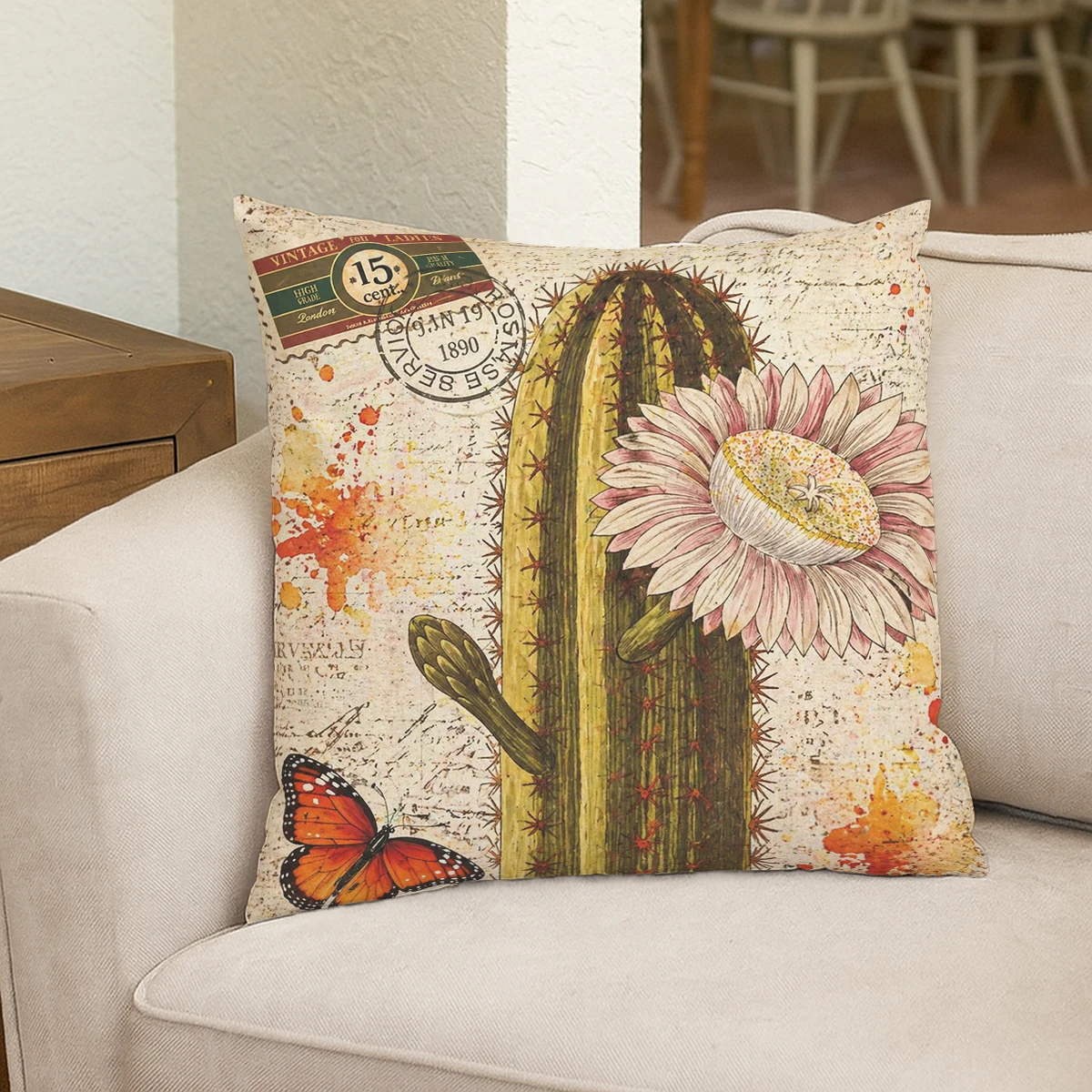 Vintage Windmill & Butterfly Pattern Polyester Pillow Cover - Rustic Style Decorative Cushion Case for Home Sofa Couch