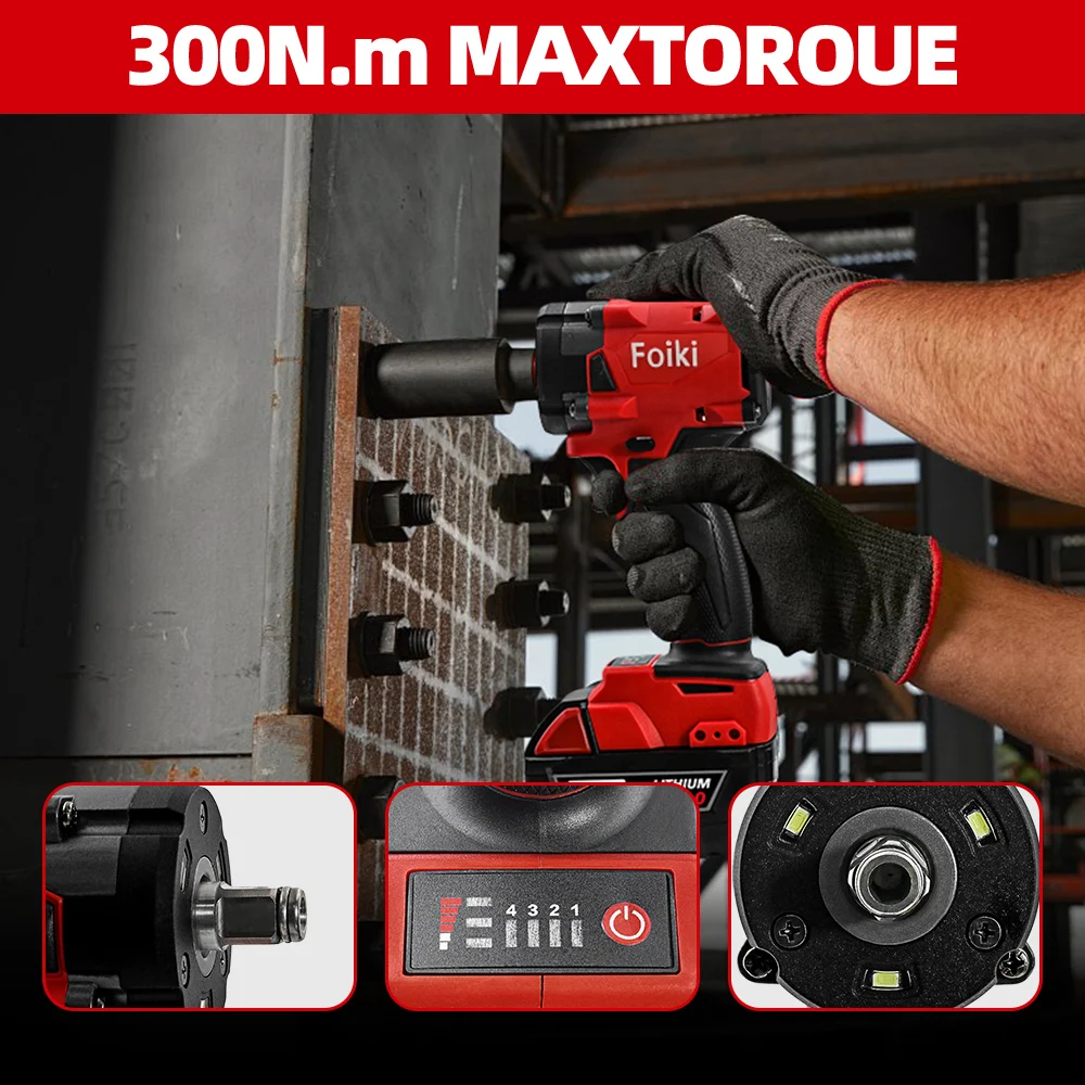 Foiki 18 فولت الأحمر فرش مفتاح ربط كهربائي قابلة للشحن 1/2 ''مفتاح بانة أداة كهربائية لاسلكية لدبوس بطارية ميلووكي