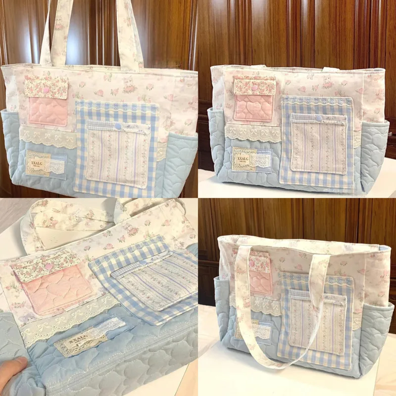 

Кружевная сумка-тоут с цветочным принтом в форме сердца Y2K Kawaii Korea Sweet Лоскутная парусиновая сумка большой емкости для поездок на работу Женские сумки Новинка