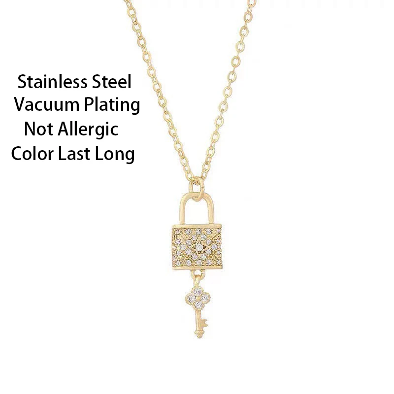 New In Light Luxury Zircon Crystal Tassels Key Lock Pendant Stainless Steel Necklaces For Women Trendy Female Clavicle Chain