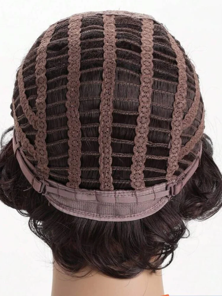 Dark Brown Short Curly Wavy Wig with Hair Bangs 100% Imported Premium Synthetic Fashion Brown Hair Wigs for Women (Brown)