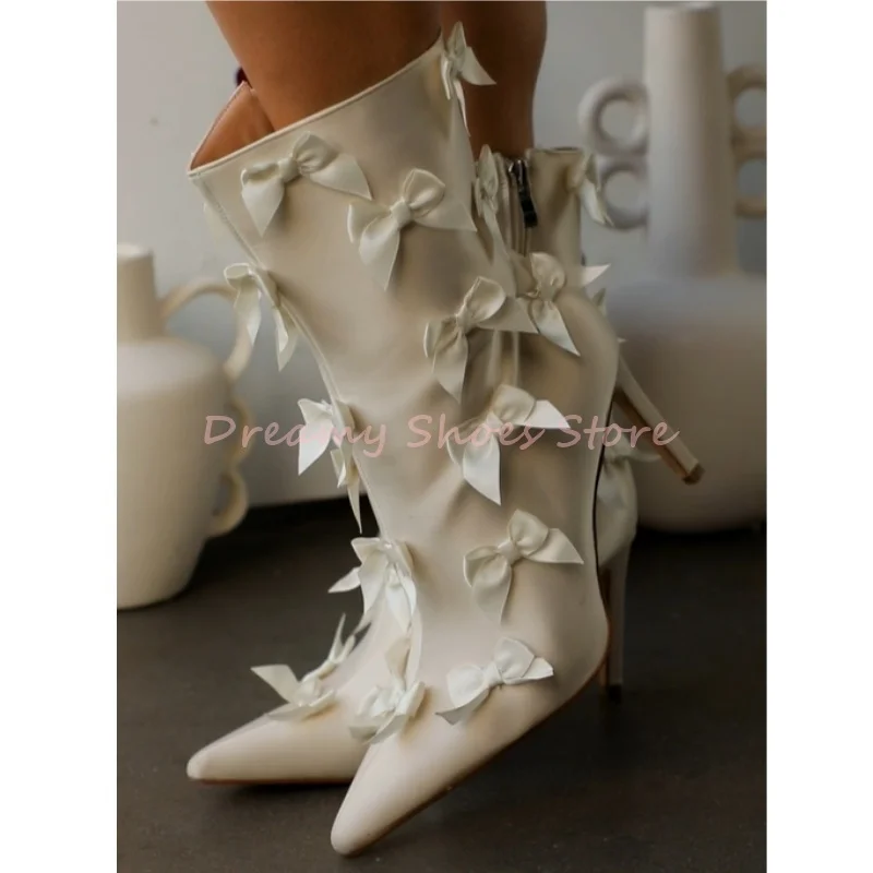 

White Satin Bow Decor Pointed Mid Calf Boots Women Leather Side Zipper Stiletto Ankle Boots Sweet Fashion Party Dress Lady Shoes