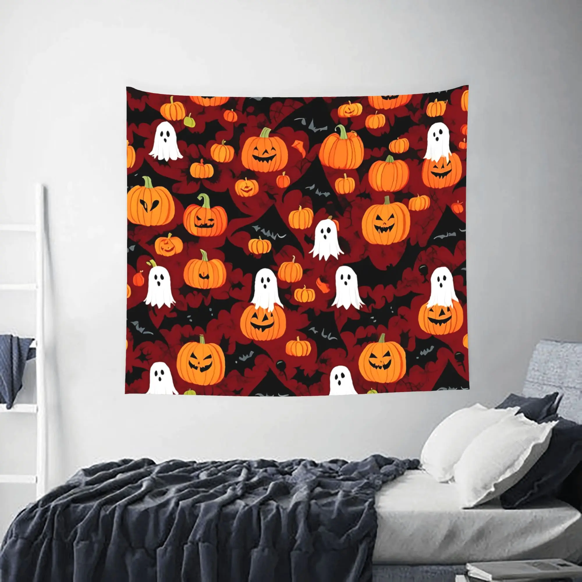 Halloween Print Pumpkin Ghost Repeat Pattern Tapestry Room decoration Home Decoration Tapestry Decor Accessories Cute Room Decor